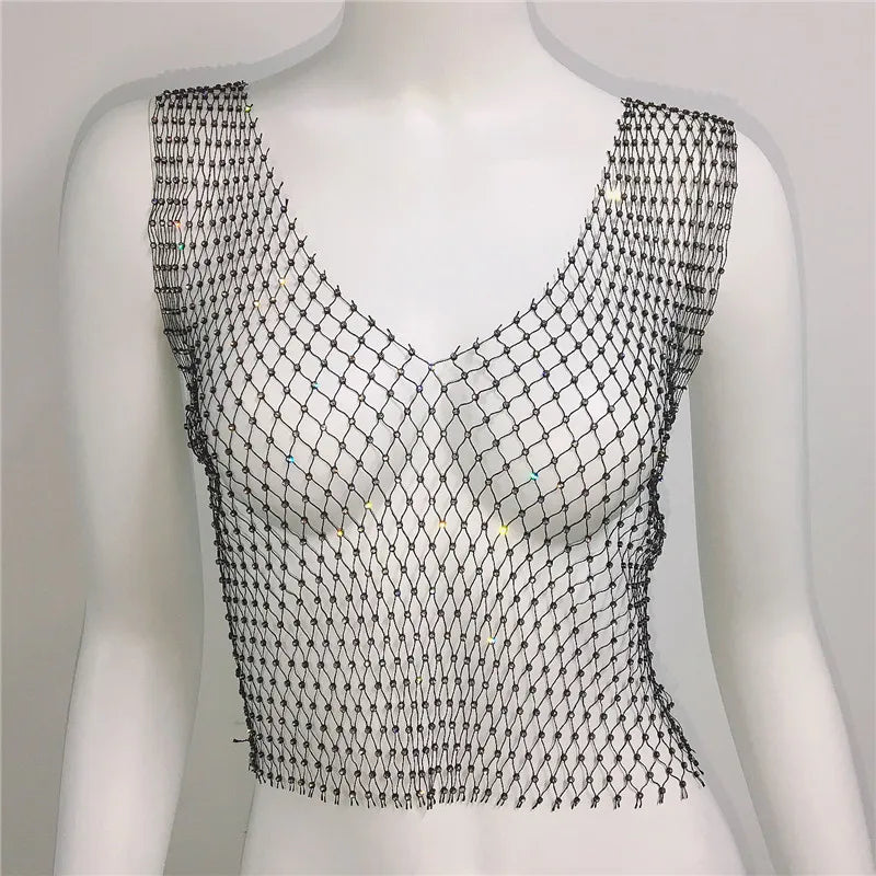 New Sexy Mesh Crop Tops for Women Summer Rhinestones Fashion Party Club See Through Fishnet Tank Hollow Out Backless Top
