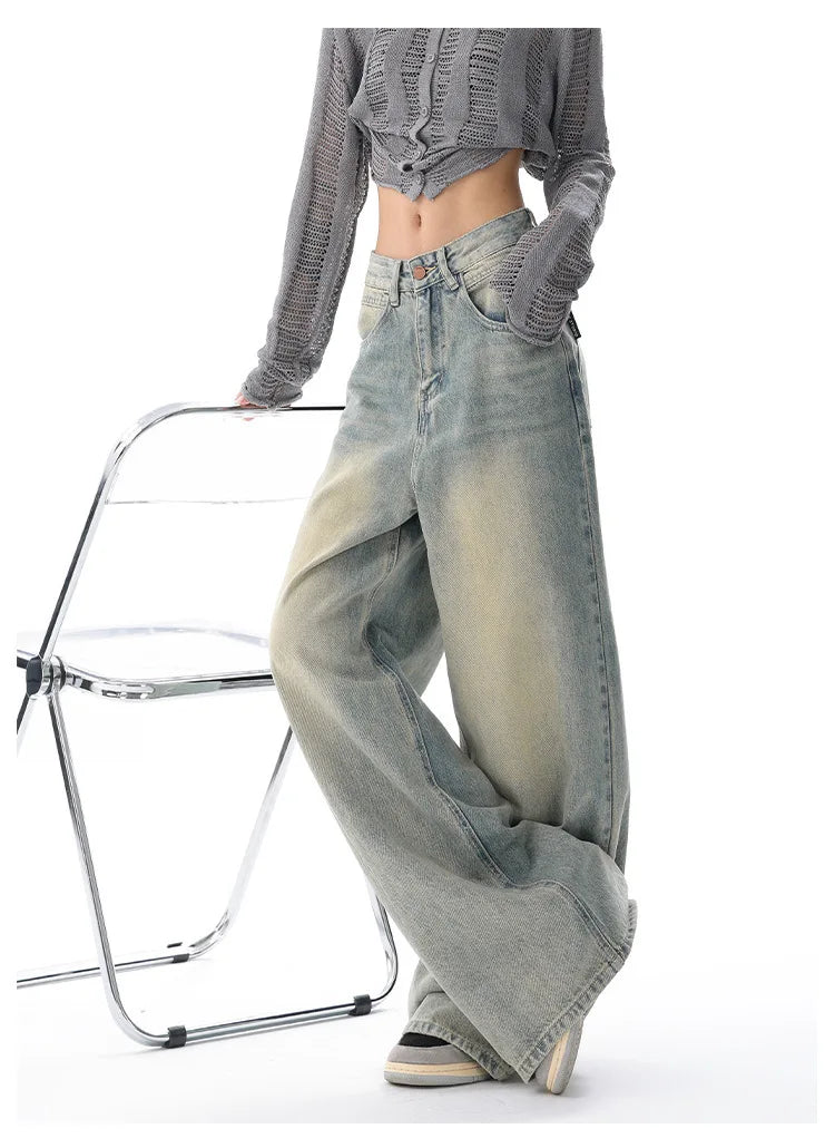 Personality Street Vintage Light Blue Wide-leg Jeans, Spring and Summer New Fashion Casual Loose Floor Length Jeans for Women