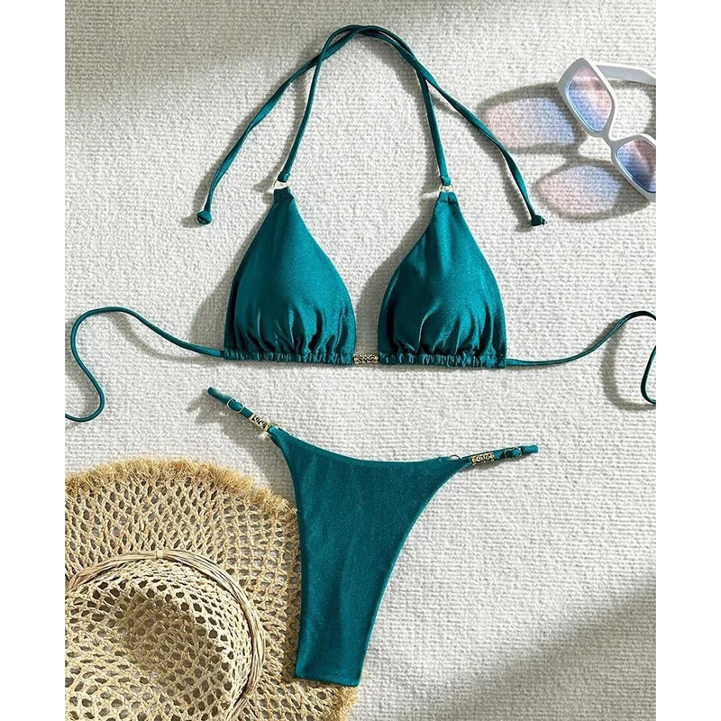 Metal Buckle Swimwear Women Micro Bikini Solid Lace Up Triangle Halter Backless Thong Bathing Suit Beach Vacation Bikini Set