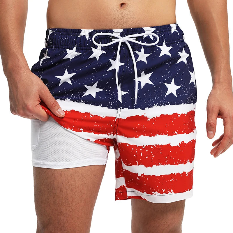 ESCATCH 2025 New Arrival Mens Swimming Trunks Compression Liner 2 in 1 Printing Quick-Dry Gym Sports Mens Shorts Zipper Pockets