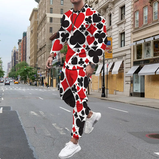 Fashion Poker 3D Print Men's Sportswear Set Casual Long-Sleeved T Shirt Pants 2-Piece Set Oversized Pullover Men Clothing