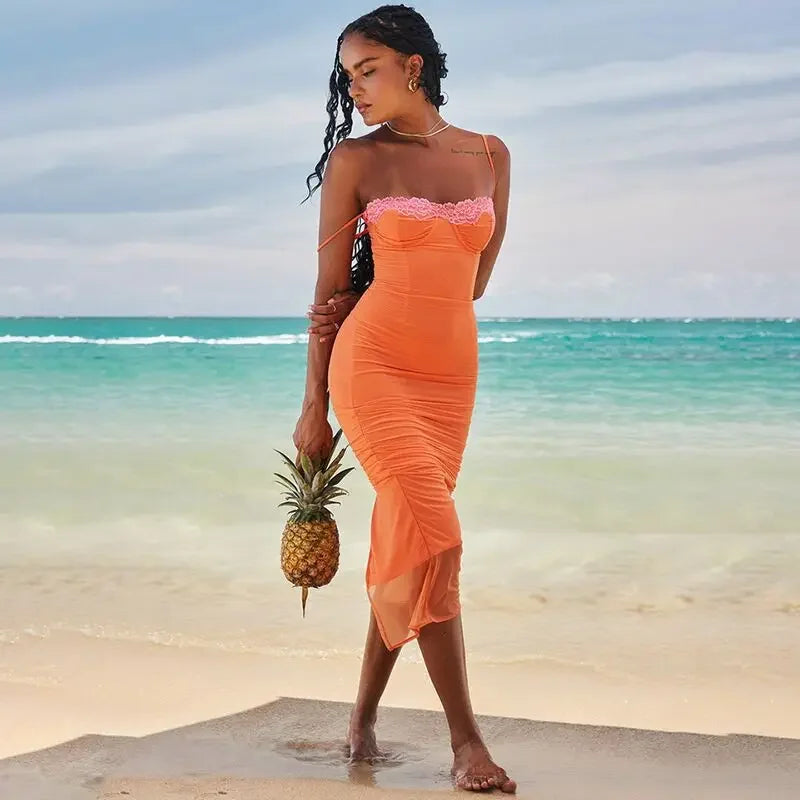 Sexy Long Dress Women's European American Style Summer New Arrival Lace Trimmed Tank Dress Sleeveless For All Occasions
