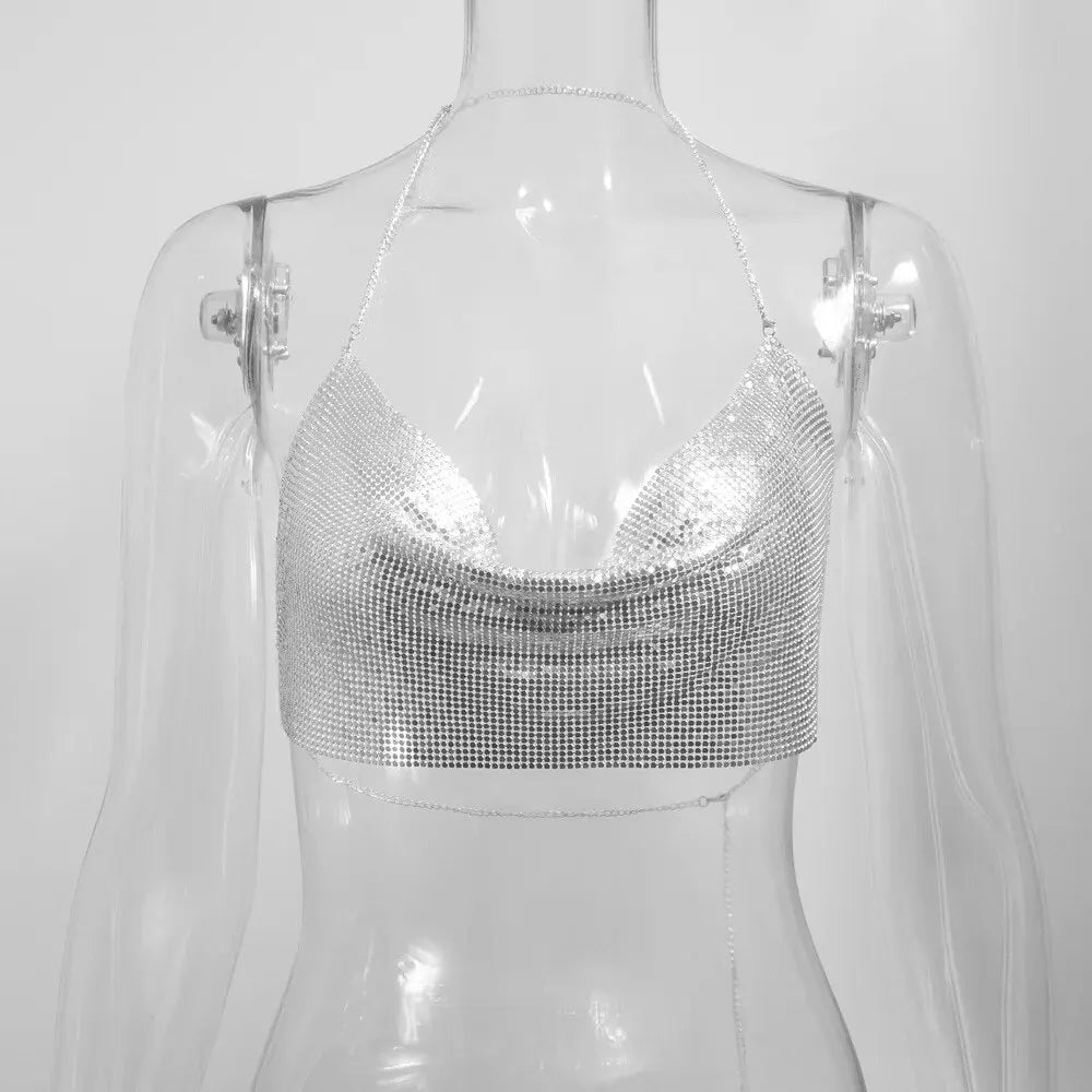 Sexy Summer Sequin Metal Crop Tops Suspenders Halter Backless Night Club Tank Top 2024 New Women Clothing Fashion Y2k Tops