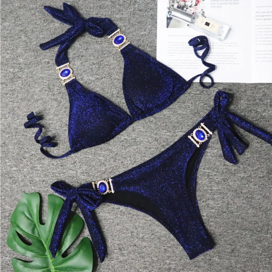 2025 Sexy Bikinis Swimsuit With Rhinestones Solid Color Swimwear Female Push Up Bikini Beach Swimming Bathing Suit Women Bather