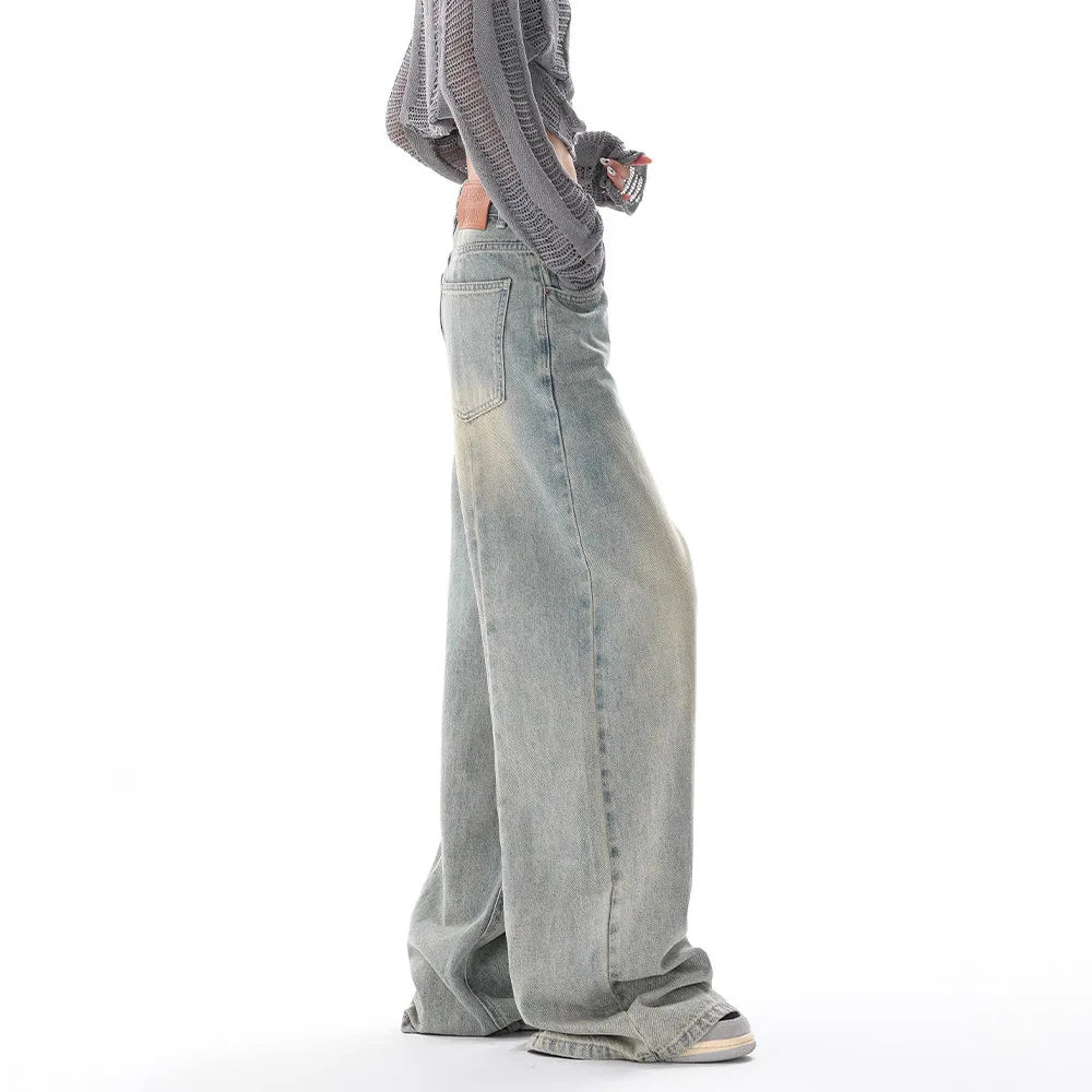 Personality Street Vintage Light Blue Wide-leg Jeans, Spring and Summer New Fashion Casual Loose Floor Length Jeans for Women