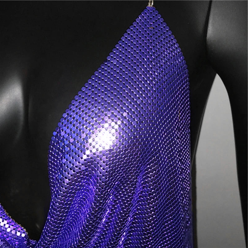Sexy Metal Sequins Tank Top For Women 2025 Summer V Neck Backless Crop Tops Luxury Solid Short Party Nightclub Tank Tops
