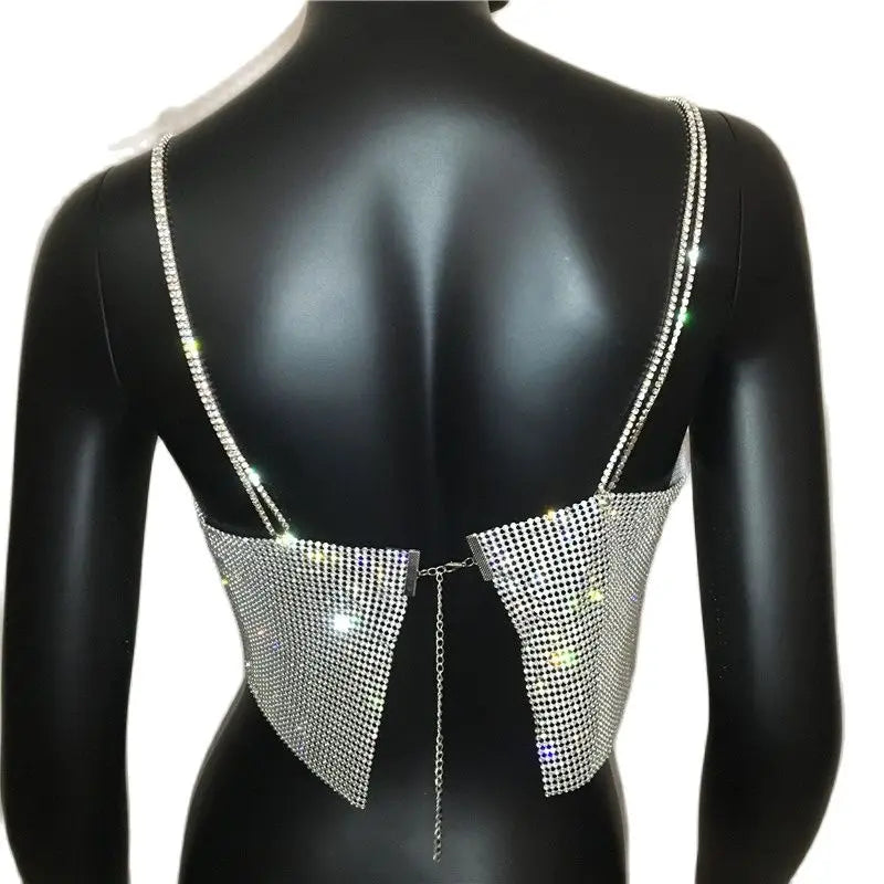 FestivalQueen 2023 Sequin Shiny Crystal Chain Tank Top Glitter Metal Mesh Halter Metallic Strap Crop Tops Festival  Party Sexy W