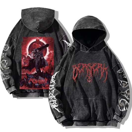 Autumn Men's Hoodies Gothic Print Vintage Washed Hoodie Hip Hop Streetwear Cotton Sweatshirts Harajuku Casual Pullover Y2K Tops