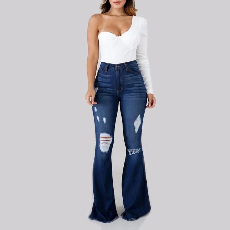 2025 Spring New High Waist Ripped Flared Jeans For Women Fashion Stretch Slim Denim Pants Casual Female Clothing S-3XL Drop Ship