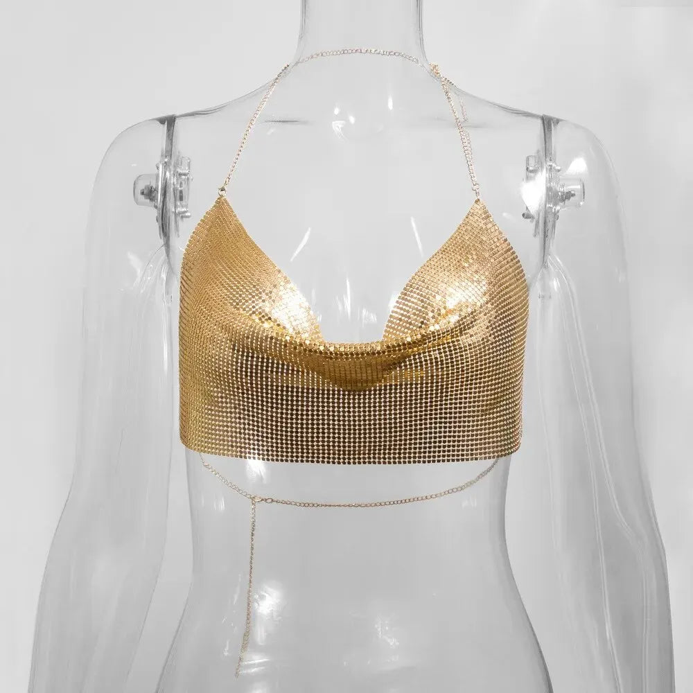 Sexy Summer Sequin Metal Crop Tops Suspenders Halter Backless Night Club Tank Top 2024 New Women Clothing Fashion Y2k Tops