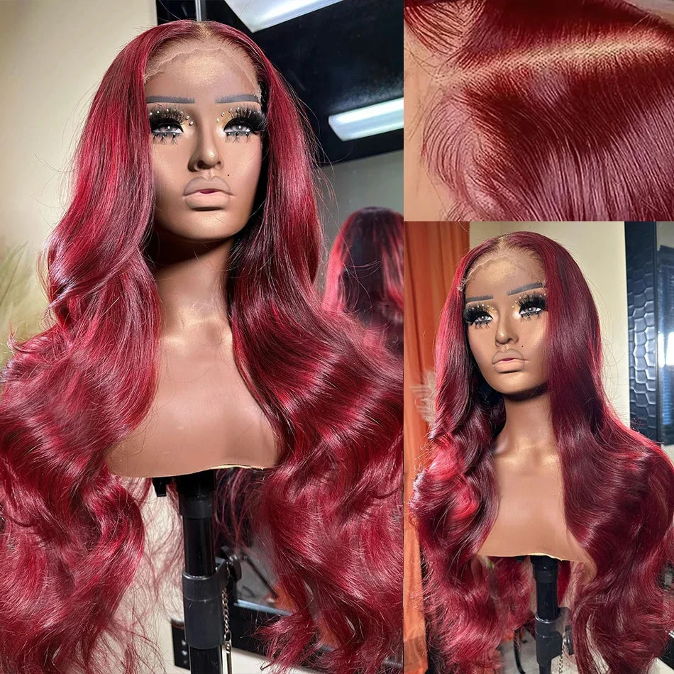 13x6 99j Burgundy Body wave HD Transparent Lace Front Human Hair 13x4 Lace Frontal Wig Brazilian Hair For Black Women