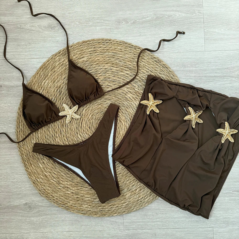 Sexy starfish 3 Pieces Bikinis 2025 Swimsuit For Women Black Swimwear Brazilian Bikini Set Biquini Female Swimuits Beachwear
