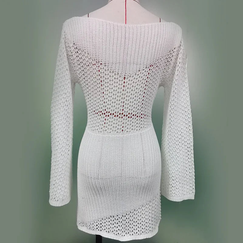 2024 Bikini Cover-up Beach White Crochet Tunic Knitted Summer Bodycon Mini Dress See Through Hollow Out Sexy Women Cover Up