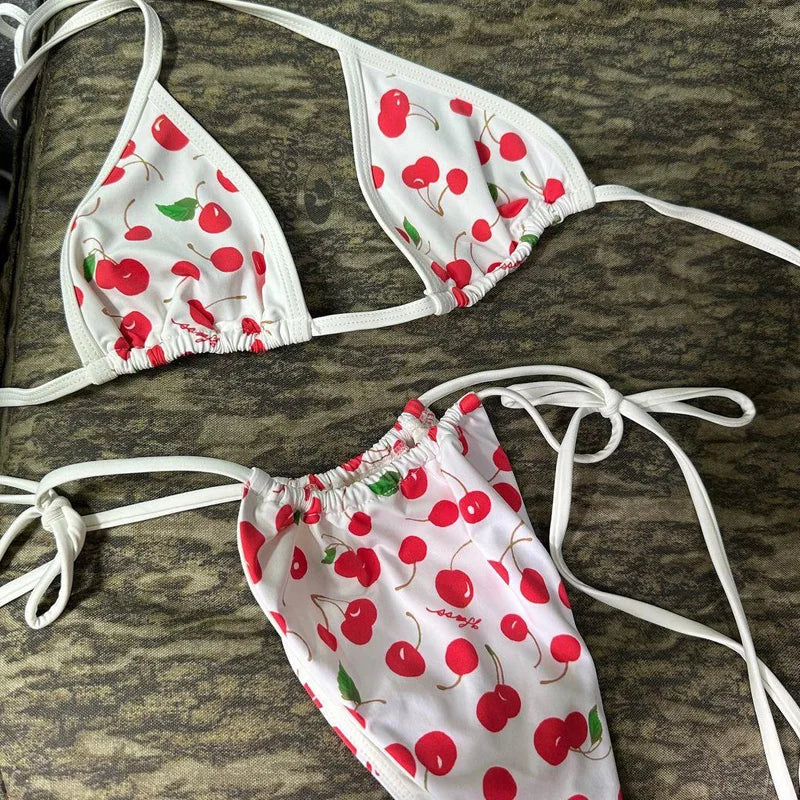 Cherry Bikini High Waist Swimsuit Sexy Thong Bikini Set Women Brazilian Swimwear 2024 New Biquini Swim Bathing Suits Tie Women