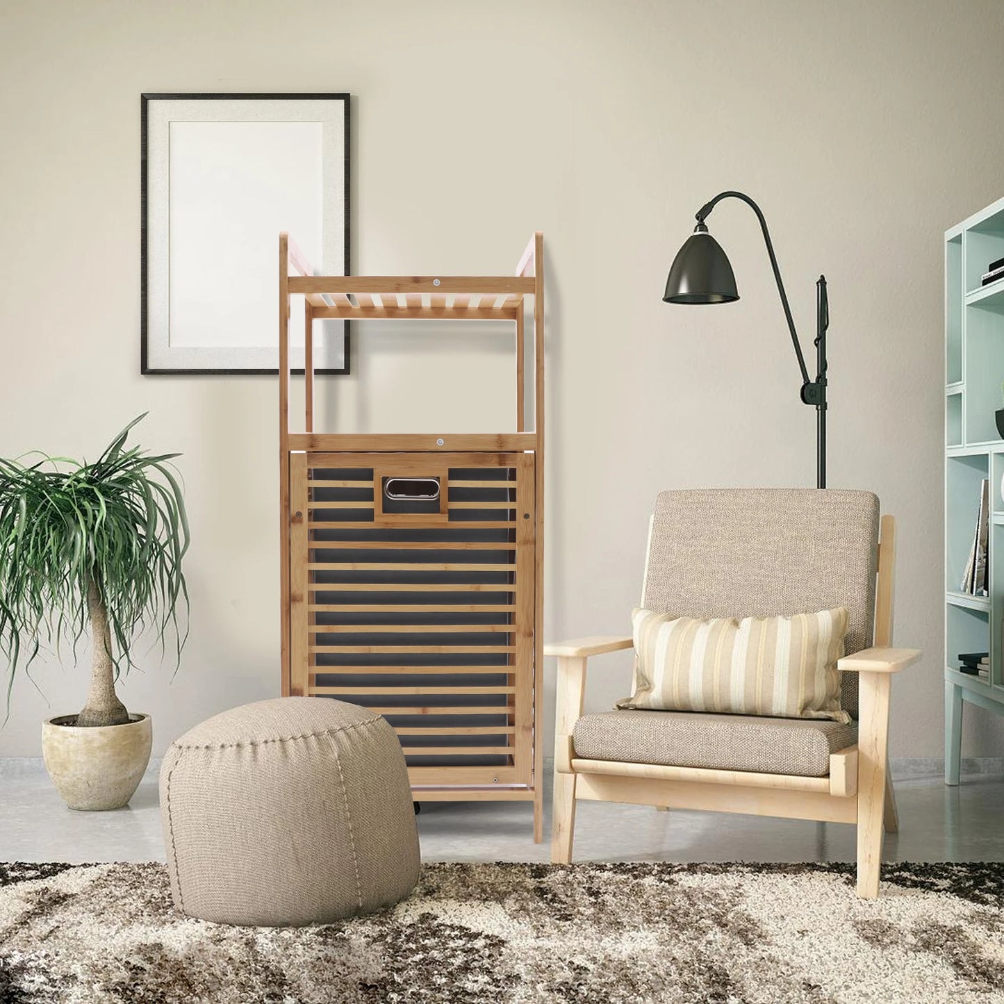 Bamboo Laundry Rack with Flip Basket, 2 Shelves, Scratch-Resistant, Large Capacity, Easy-to-Clean Design, Ideal for Home Storage