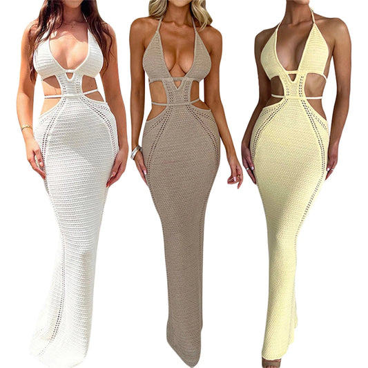 Women Halter Bodycon Long Dress Sexy Hollow Out Open Back Sleeveless Backless Knit Beach Dress Slim Fit Clubwear