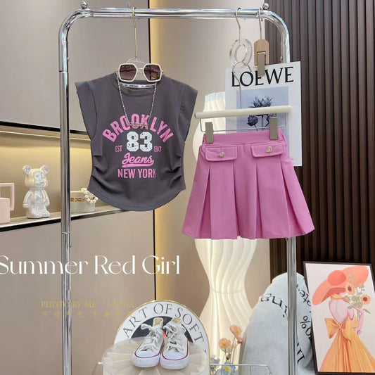 Girls' Summer Set 2024 New Children's Clothing Korean Edition Sleeveless Tank Top Pleated Skirt Two Piece Set Kids Outfits