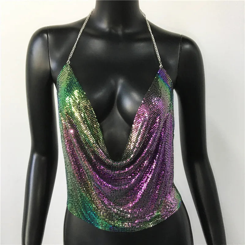 Sexy Metal Sequins Tank Top For Women 2025 Summer V Neck Backless Crop Tops Luxury Solid Short Party Nightclub Tank Tops