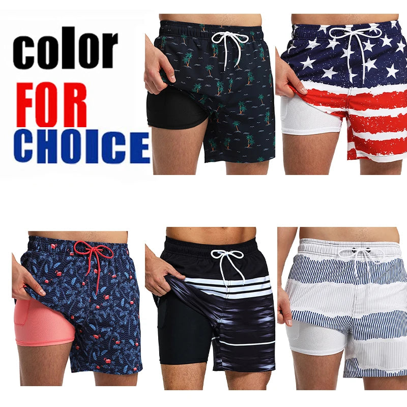 ESCATCH 2025 New Arrival Mens Swimming Trunks Compression Liner 2 in 1 Printing Quick-Dry Gym Sports Mens Shorts Zipper Pockets
