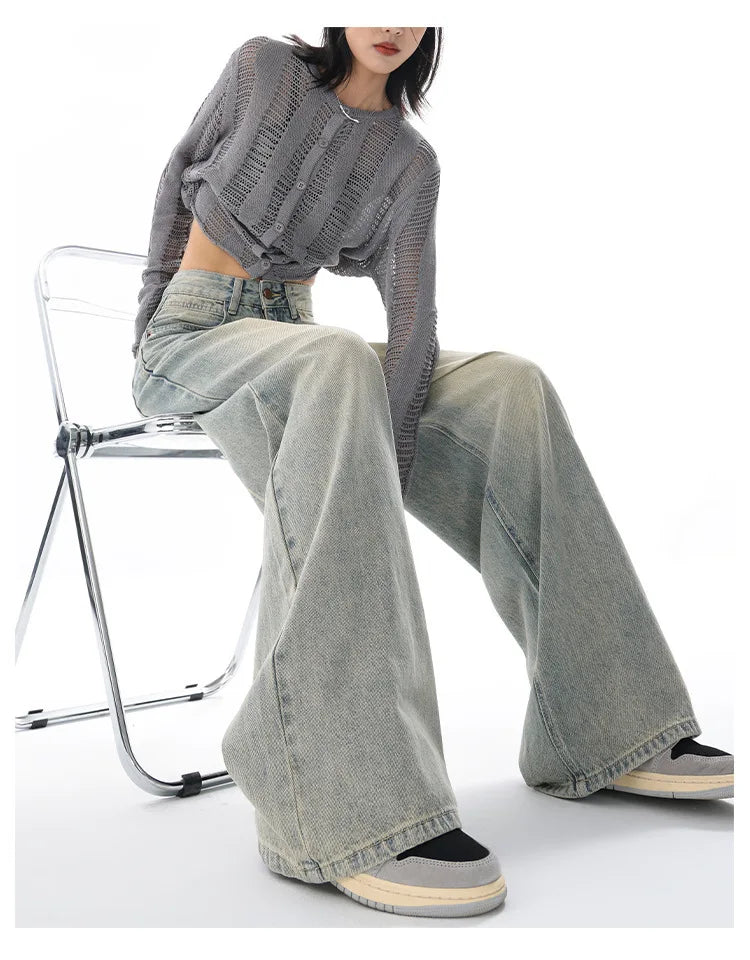 Personality Street Vintage Light Blue Wide-leg Jeans, Spring and Summer New Fashion Casual Loose Floor Length Jeans for Women