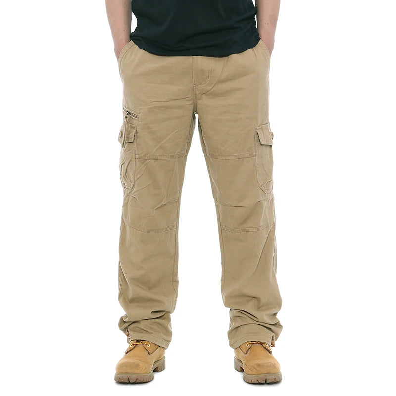 2025 Cargo Pants Men 100% Cotton Multiple Pockets Elastic Waist Casual Trousers Outdoor Hiking Climbing Mountains Men's Pants