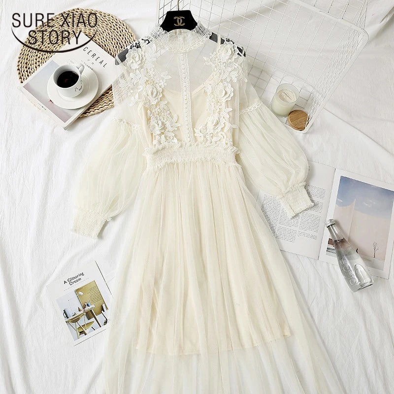 Lace Flower Dress Women Lantern Sleeve Voile Long Dress Female Hook Princess Dresses 2 Piece Set New Robe Vestidos 12041