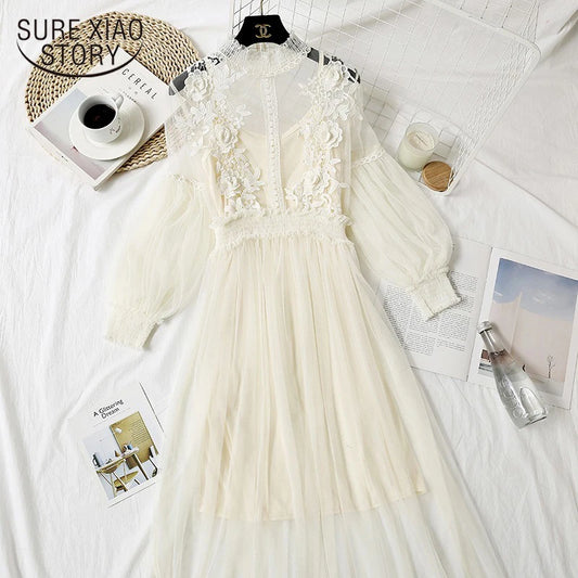 Lace Flower Dress Women Lantern Sleeve Voile Long Dress Female Hook Princess Dresses 2 Piece Set New Robe Vestidos 12041