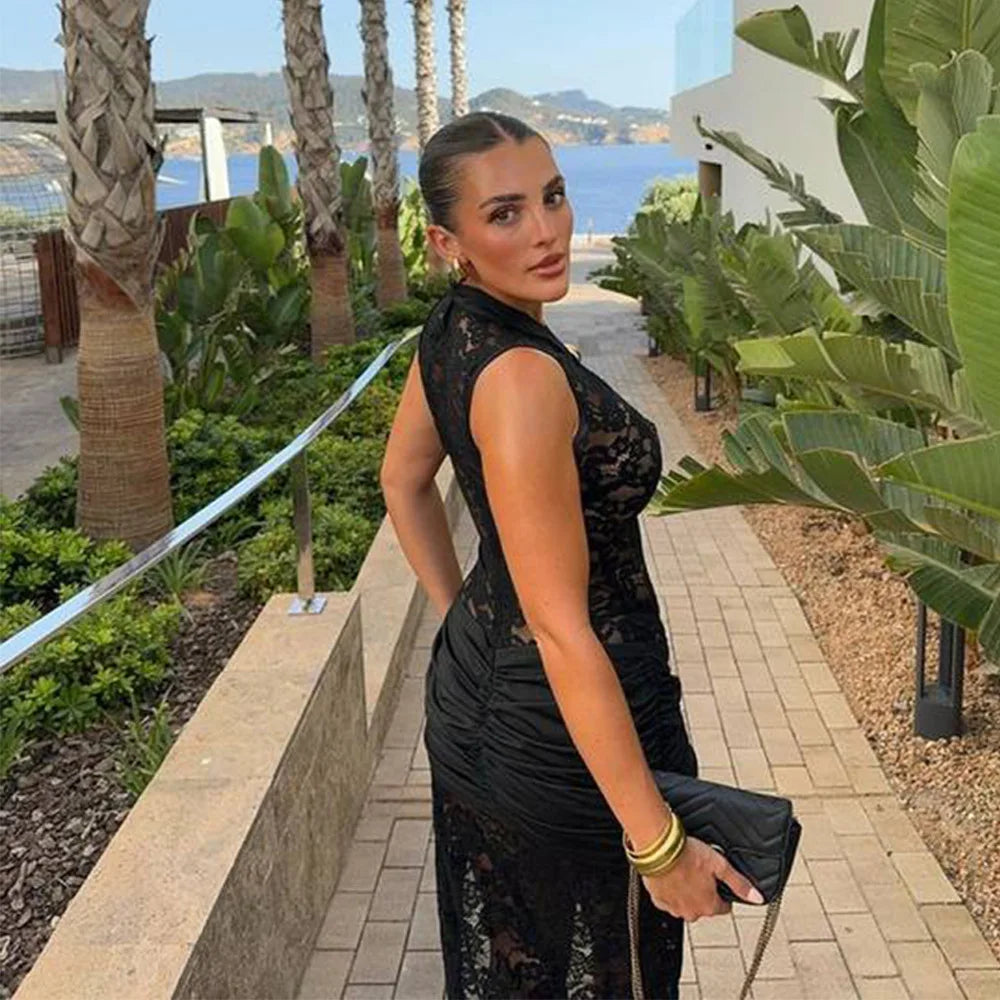 BOOFEENAA See Through Lace Sexy Black Dresses Women 2024 Hollow Out Sleeveless High Split Long Dress Party Club Outfits C92-EI32