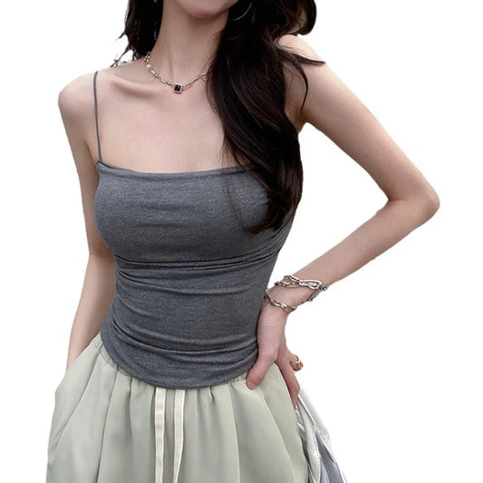 Women's Sleeveless Top Tank Underwear Fitted Camisole Sexy Short Top With Thin Straps Plain White Tank Top Korean Style