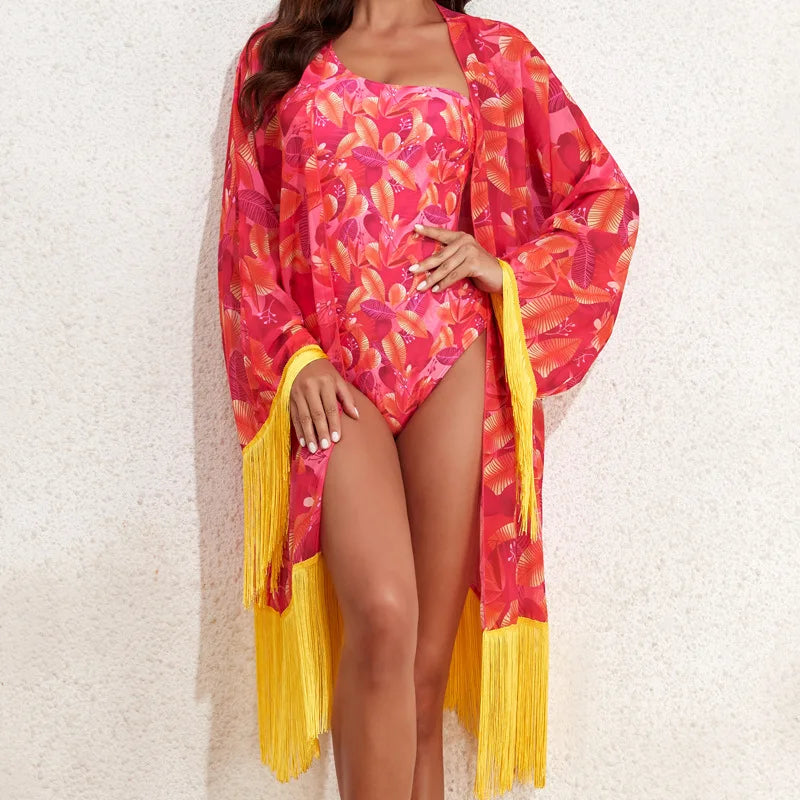 2024 Three Pieces Bikini Set Cover Up Swimwear High Waisted Bikini Set Women's Swimwear Print  For Female Bath Suit Tropical