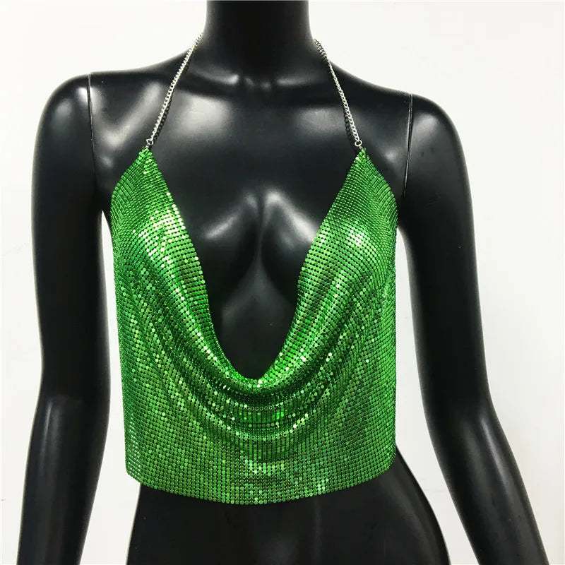 AKYZO Women 2025 Sexy Metal Sequined Tank Camis Summer Gold Silver Backless Cropped Glitter Beach Club Show Wear Tank Tops