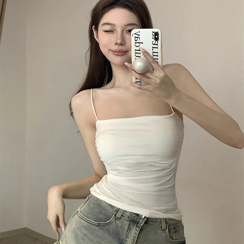 Women's Sleeveless Top Tank Underwear Fitted Camisole Sexy Short Top With Thin Straps Plain White Tank Top Korean Style