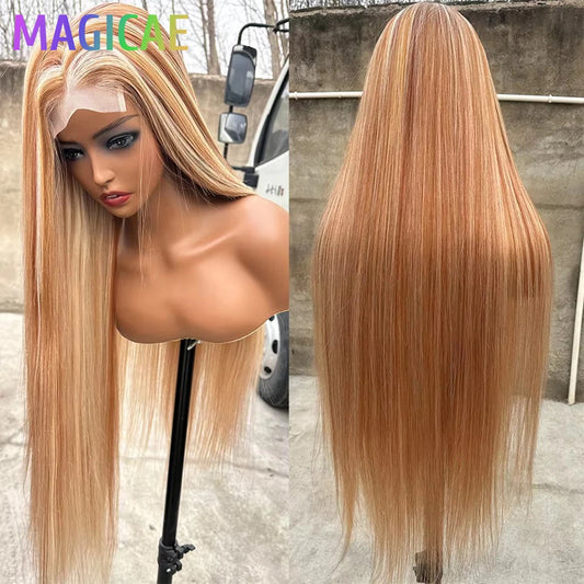 36Inches Straight 4X4 Lace Front Wigs 330Grams Blond 27/613 Chestnut Brown Bio Heat Resistant Fiber Pre Plucked Transparent Lace