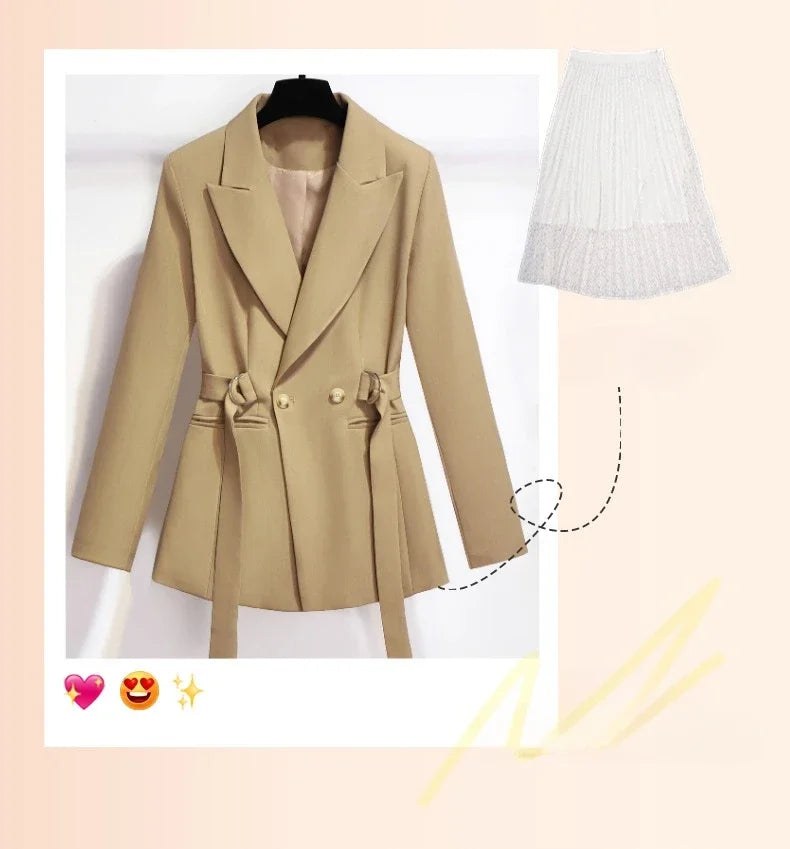 Women's Blazer 2024 Autumn New Korean Fashion Stylish Tie Waist Jacket Unique Luxurious Outerwear for Women Medium Length Jacket