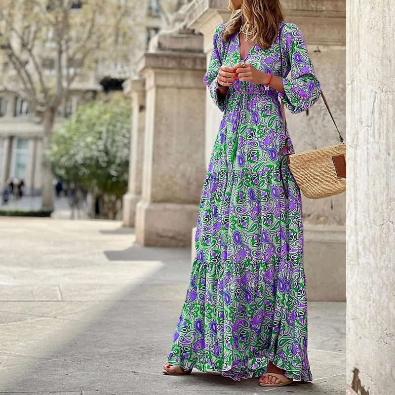 .Women's Autumn New Fashionable Printed Sexy V-neck Long Sleeve High Waist .Elastic Waist Medium Length Bohemian Dress