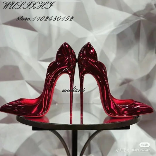 Red Shiny Mirror Sexy Heels Girl Dress Hollow Pointed Toe Sandal Spring Bling Catwalk Metallic Glitter Pump Concise Shallow Shoe