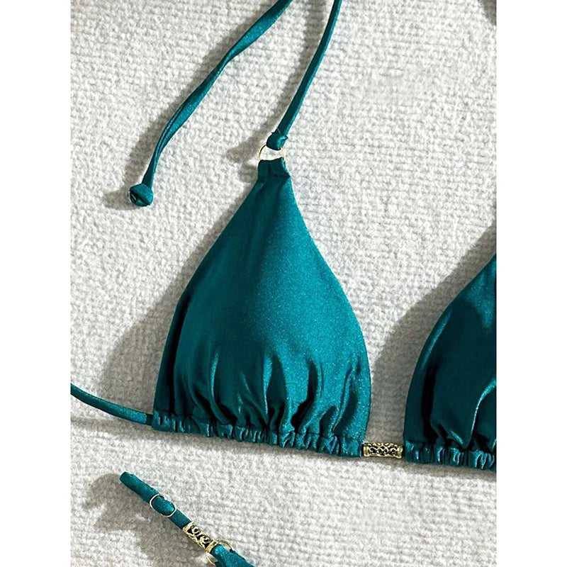 Metal Buckle Swimwear Women Micro Bikini Solid Lace Up Triangle Halter Backless Thong Bathing Suit Beach Vacation Bikini Set
