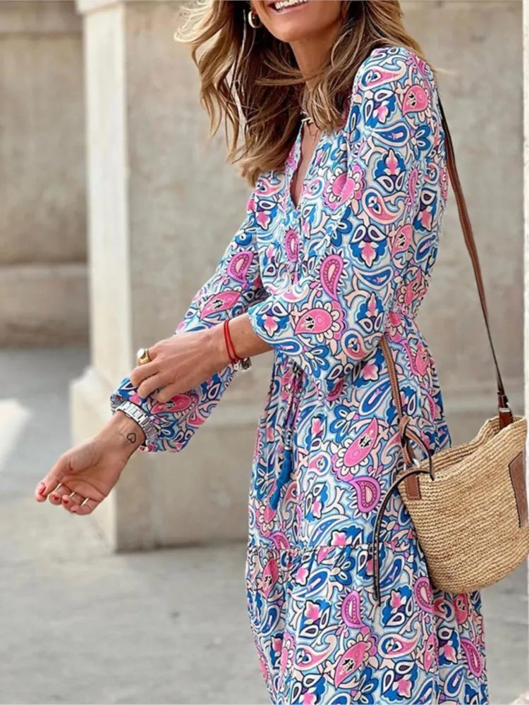 .Women's Autumn New Fashionable Printed Sexy V-neck Long Sleeve High Waist .Elastic Waist Medium Length Bohemian Dress
