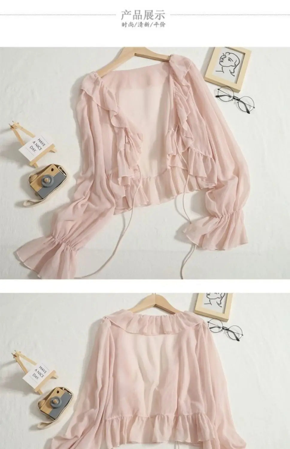 Women Summer Shirts Sweet Long Sleeve Ruffles Flare Sleeve Holiday Solid Sunscreen Tops Tie-Up Cardigans Chiffon Short Shirts