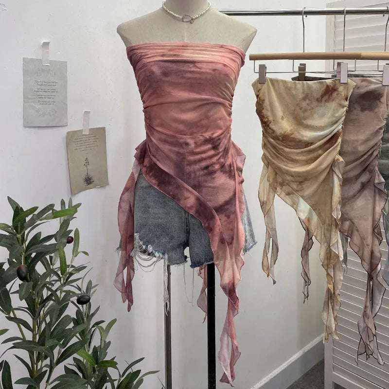 Women's Tie Dye Ruffled Ribbon Mesh Tube Top Irregular Mesh Sleeveless Tube Top Sexy Backless Vest Party Leisure Essential 9956