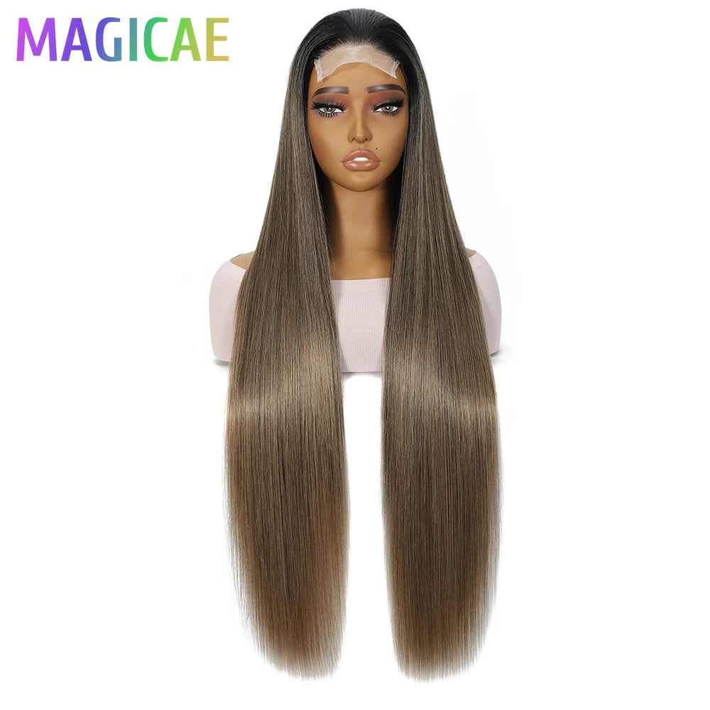 36Inches Straight 4X4 Lace Front Wigs 330Grams Blond 27/613 Chestnut Brown Bio Heat Resistant Fiber Pre Plucked Transparent Lace