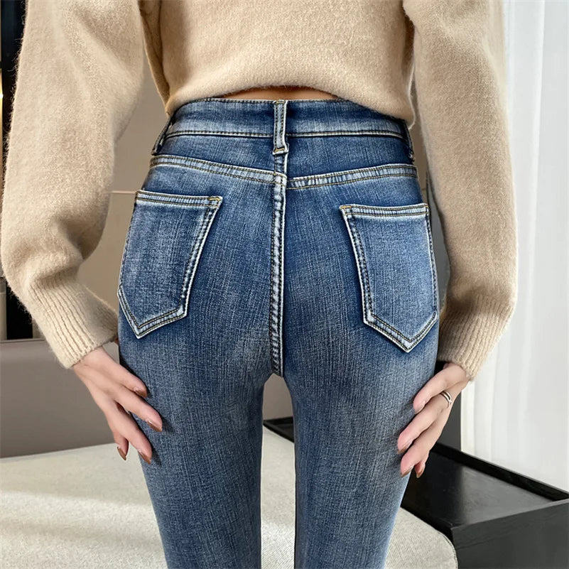Women Winter Thermal Jeans Snow Warm  Stretchy Skinny Vintage Jeans Lady Denim Pencil Pants Casual Daily High Waist Trousers
