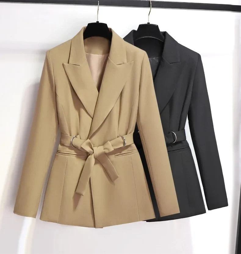 Women's Blazer 2024 Autumn New Korean Fashion Stylish Tie Waist Jacket Unique Luxurious Outerwear for Women Medium Length Jacket
