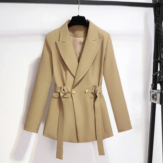Women's Blazer 2024 Autumn New Korean Fashion Stylish Tie Waist Jacket Unique Luxurious Outerwear for Women Medium Length Jacket