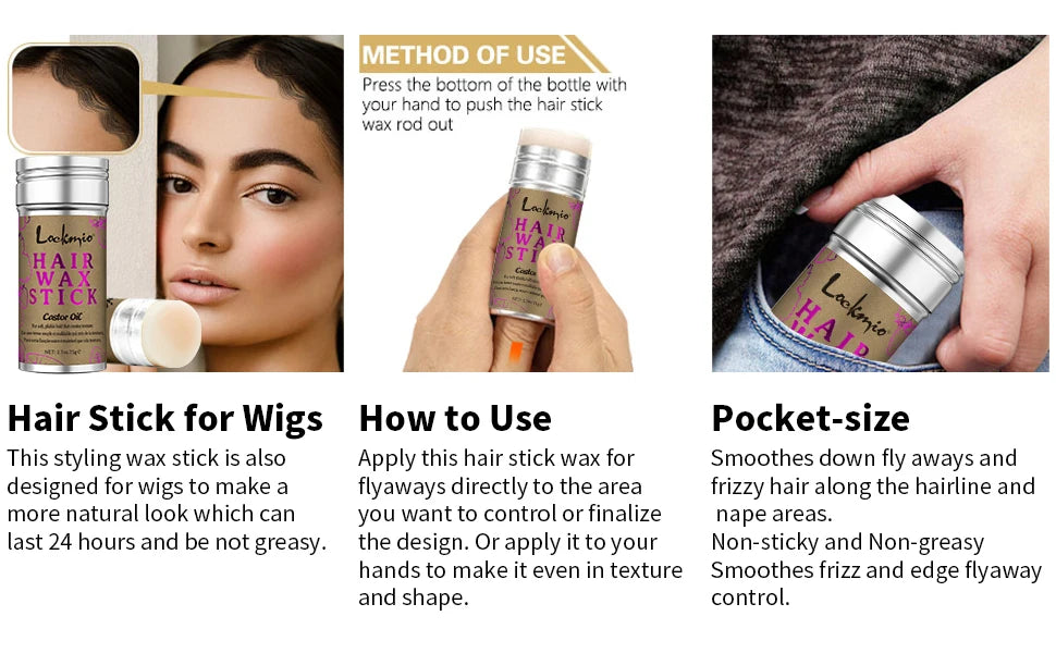Lockmio 75g Hair Wax Stick With Castor Oil Tames Frizz Smooth Flyaways Strong Hold Edge Styling Finishing Broken Hair Gel