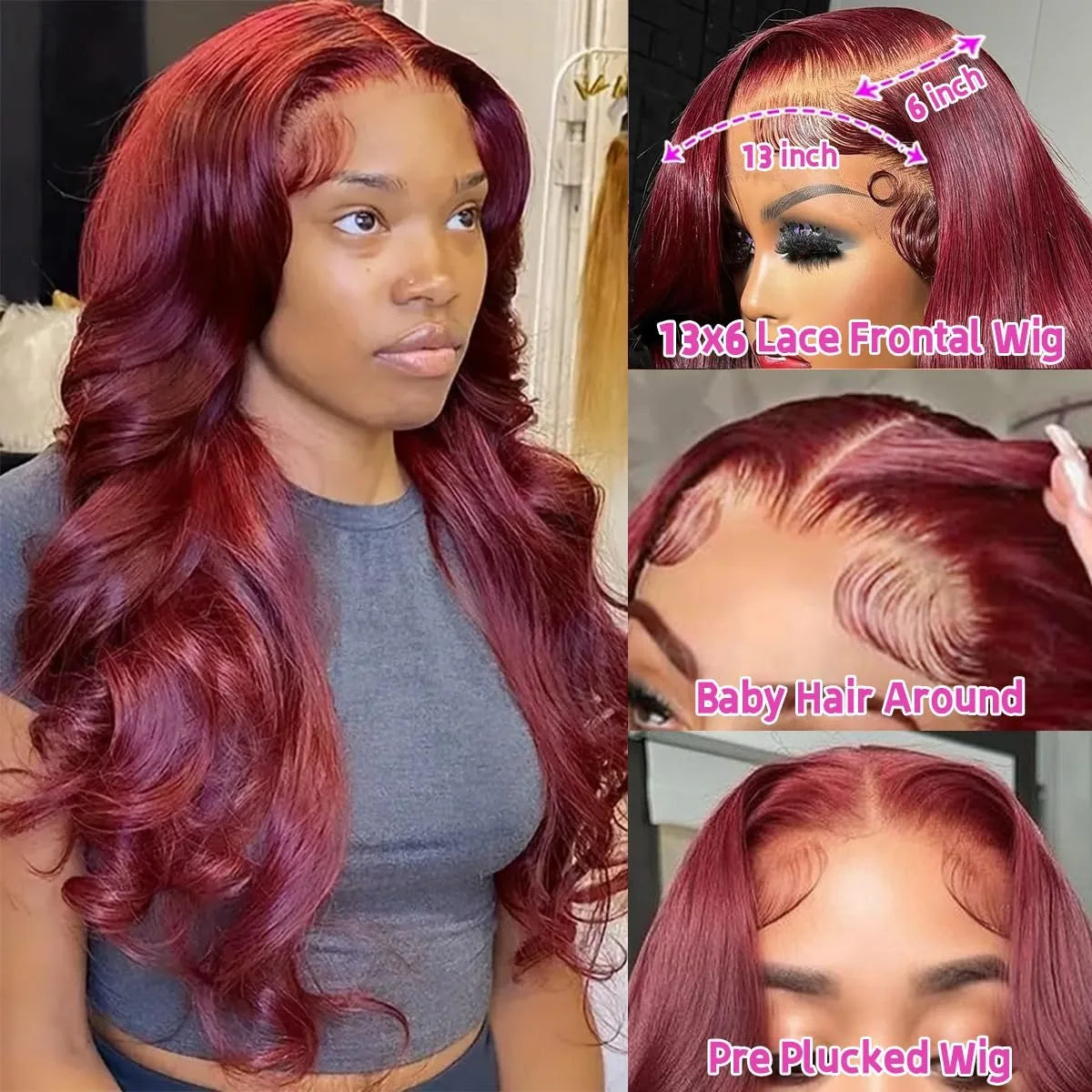 13x6 Lace Front Wigs Human Hair 200% Density 99j Burgundy Lace Front Wigs Human Hair 28 inch Body Wave Lace Front Wigs Brazilian