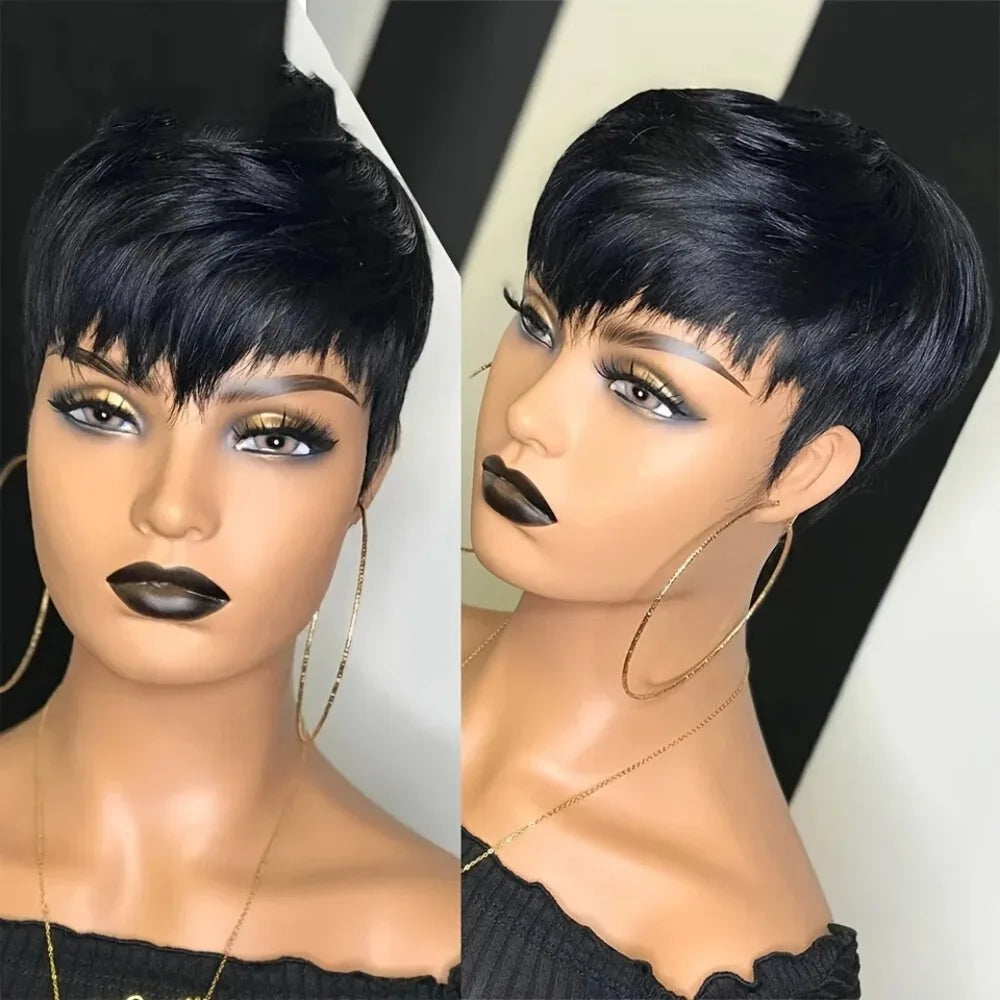 Hair Human Hair Wig For Black Women Pixie Cut Wig Short Bob Straight Human Hair  machine made Wigs With Bangs