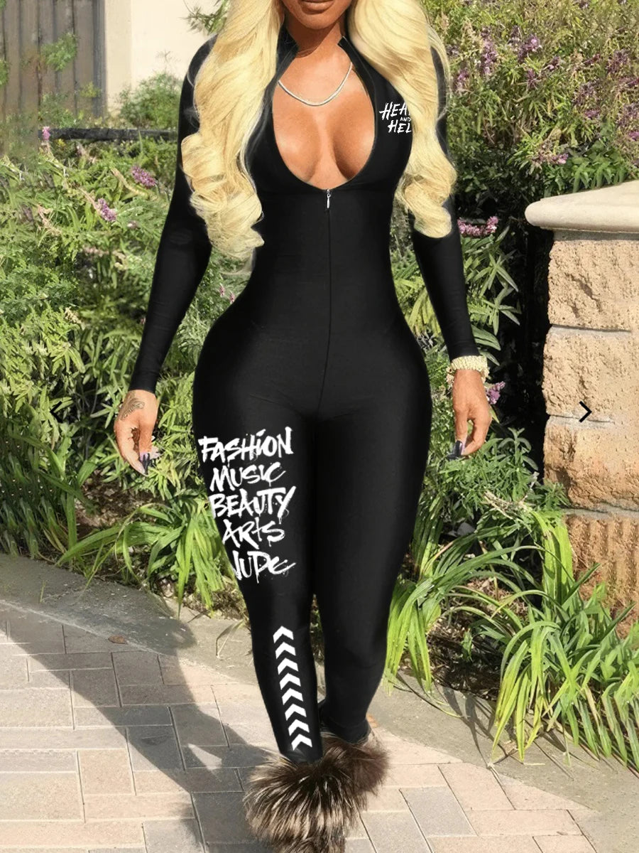 LW Spring Summer Women Casual Fashion V-Neck Long Sleeve Zipper Design Skinny One-Pieces Sportswear Outfits Jumpsuit