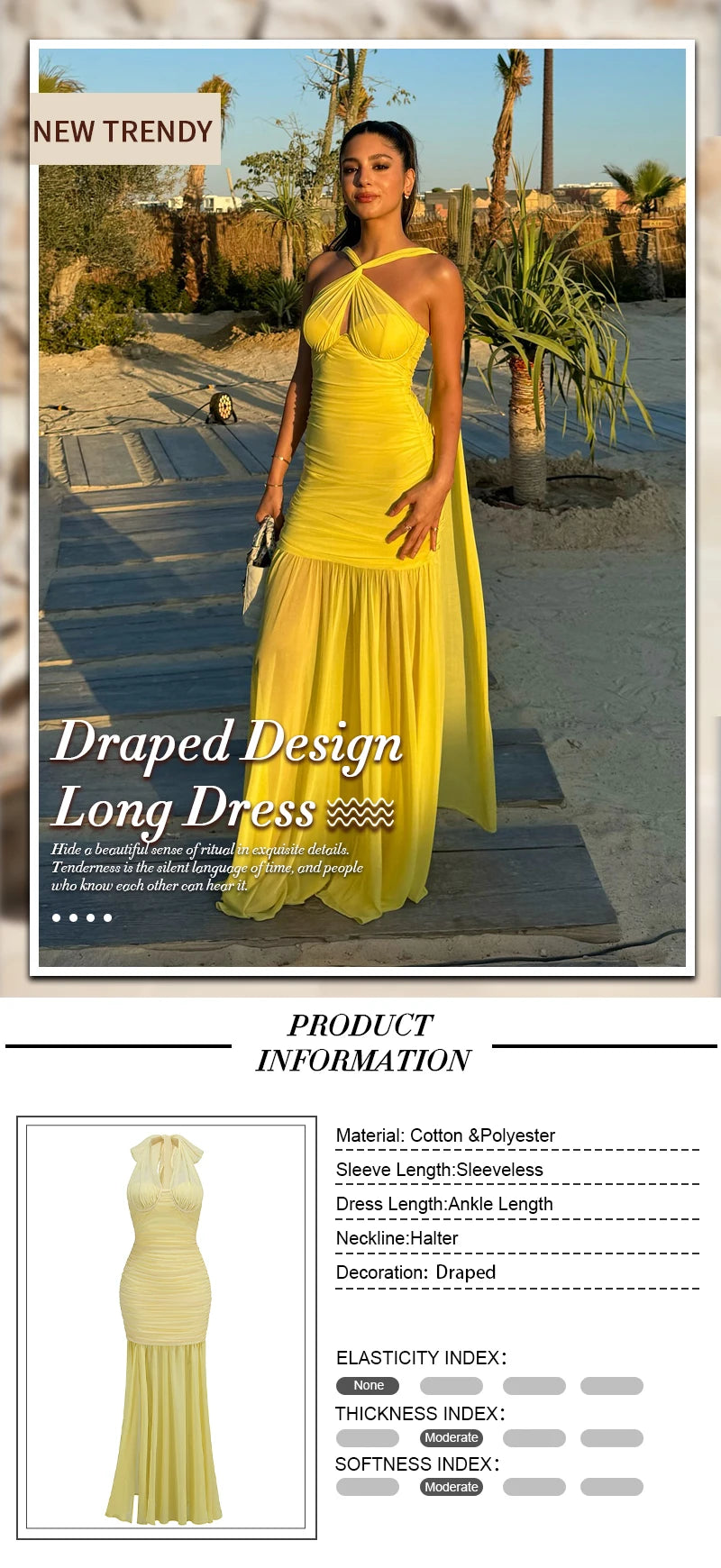 VC Yellow Halter Neck Tie Closure Ruched Long Dress Mesh Key Hole High Slit Pleated Celebrity Birthday Party Cocktail Dress