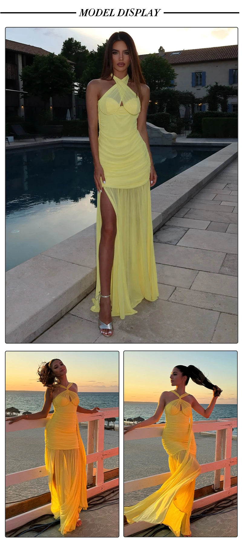 VC Yellow Halter Neck Tie Closure Ruched Long Dress Mesh Key Hole High Slit Pleated Celebrity Birthday Party Cocktail Dress